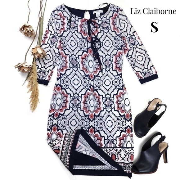 Liz Claiborne Blue White Coral Geodesic Print Dress Sz S - Picture 1 of 14